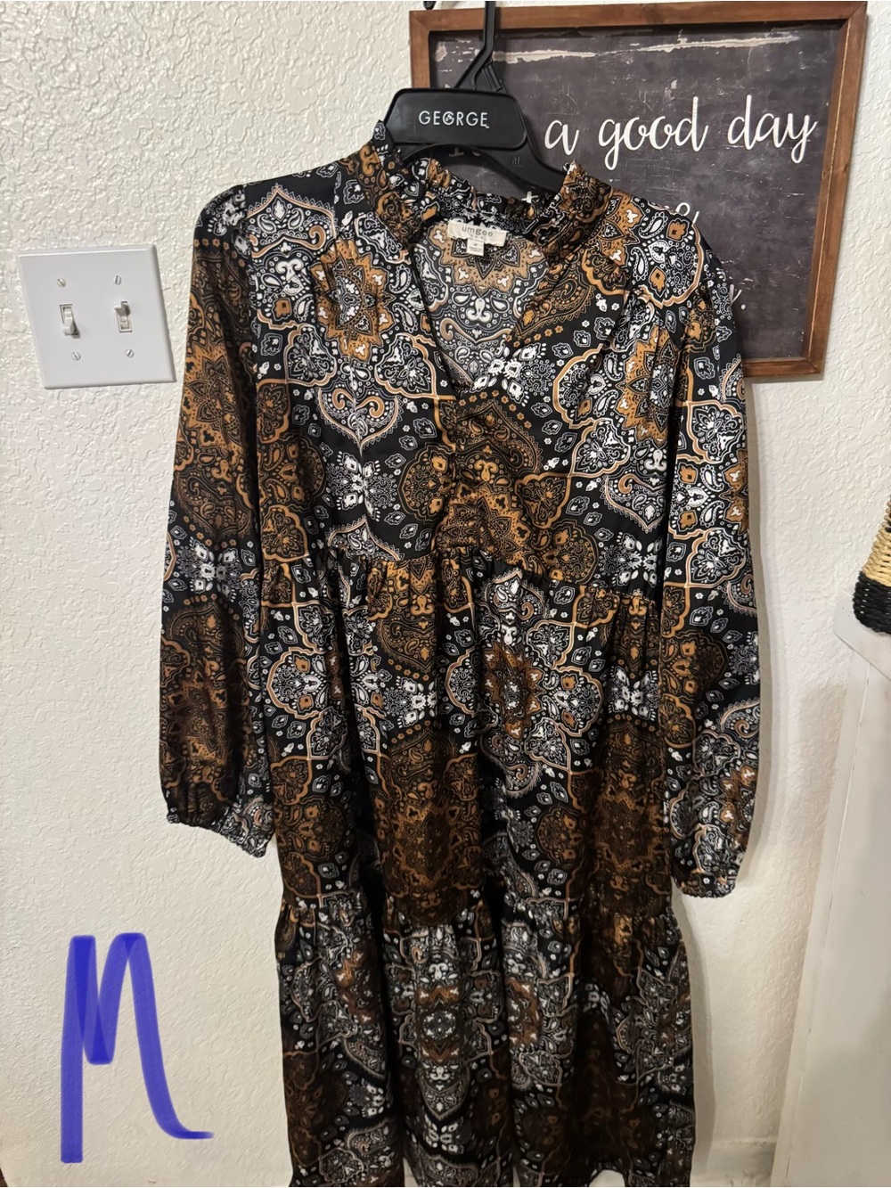 Boho Paisley Tiered Midi Dress - Black & Brown